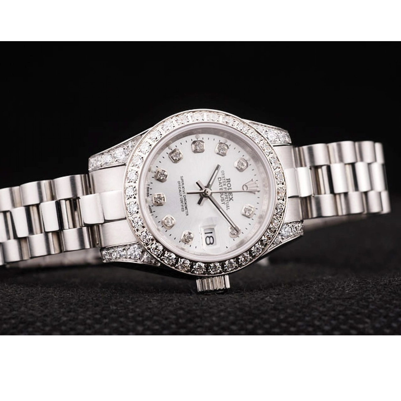 AAA replica watch Diamond Dial Case Steel White Plated Bezel Plated Rolex Diamond DateJust Brushed Stainless 0514